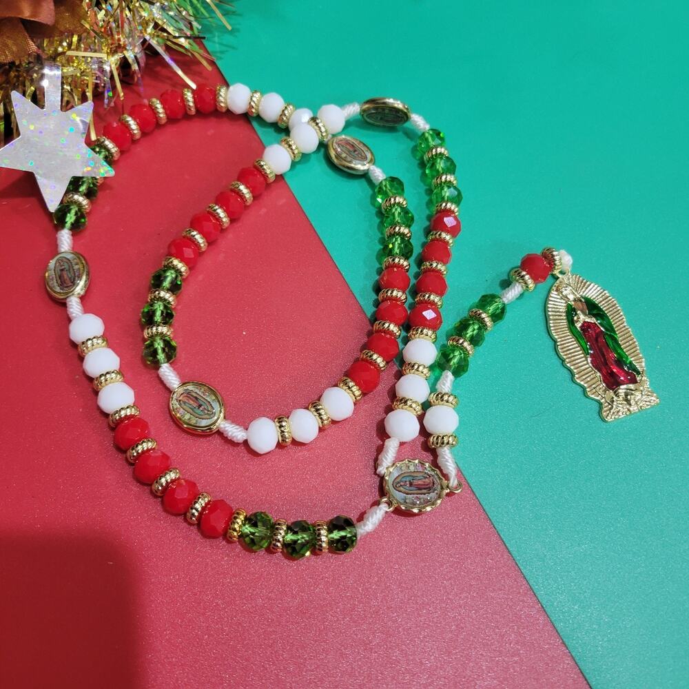 Virgen De Guadalupe Rosary crystal beads 10mm 2 sided shiny red, White And Green